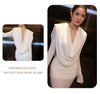 White Swinging Collar Long Dress For Women Ruched High Waist Long Sleeves Slim Elegant Evening Party Gowns