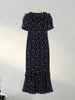 Flying Sleeve Ruffle Striped Slip Long Dress Women Elegant Square Collar Waist Cinching Pleat Party Dresses Chic Ladies Vestido