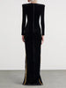 Solid Spliced Sequins Temperament Dresses for Women O Neck Long Sleeves Patchwork Bead Split Dress Female
