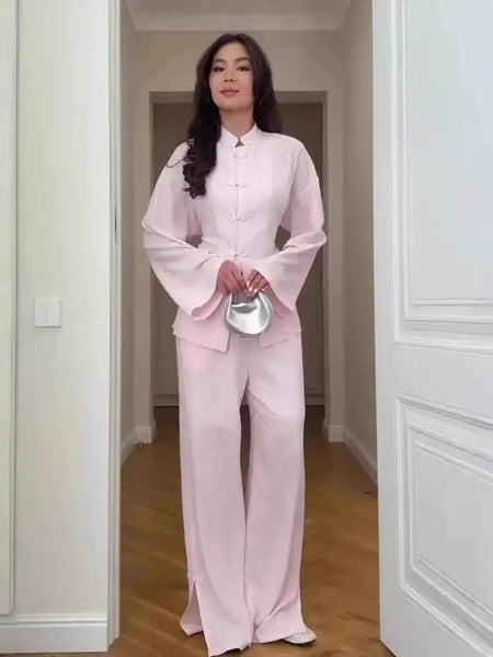 Two-piece Set Stand Collar Long Sleeved Single Breasted Top Straight Leg Pants Women's Clothing Autumn 19DB1060