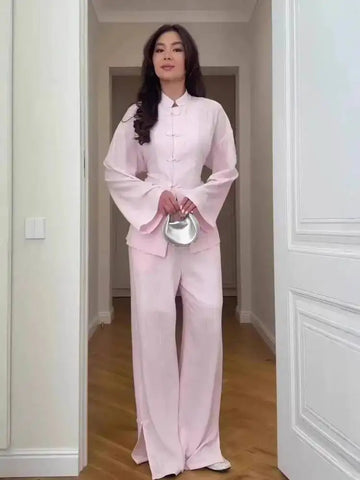 Two-piece Set Stand Collar Long Sleeved Single Breasted Top Straight Leg Pants Women's Clothing Autumn 19DB1060