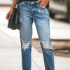 Women's Slim Jeans Casual Ripped Denim Pants Spring Autumn Office Lady Work Trousers High-waisted Straight Jeans