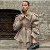 Women V-neck Lapel Belt Trench Coat Lace Up Full Sleeve Button Short Thin Windbreak Lady Daily Street Outerwear