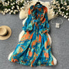 Retro Elegant Autumn Edible Tree Fungus Patchwork Long Sleeves Print Chiffon Dress A-line French Vintage Vacation Women Dresses