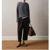 Retro Leather Ankle-Length Pants Women Elastic Waist Suede Sheepskin Wide Leg Length Straight Cylinder Trousers Black brown