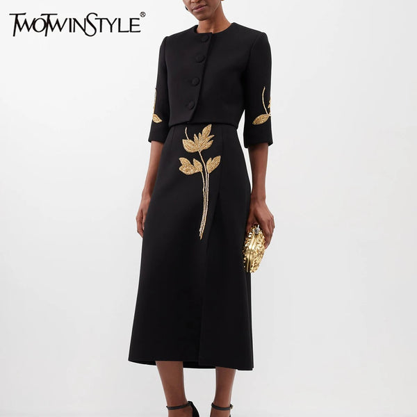 Colorblock Chic Two Piece Sets For Women O Neck Half Sleeve Coat High Waist Skirt Elegant Set Female Style