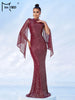 Elegant Apricot Sequin Muslim Party Dress Women Split Sleeve High Neck Bodycon Dubai Evening Dresses Prom Gown