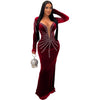 Elegant Diamonds Velvet Long Party Dress for Women Sexy Deep V Evening Gown Formal Black Slim Dress Robe