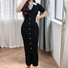 Women Dress Chic Notched Rib Knitted Long Dress Office Lady Single-breasted Package Hips Sweater Dress Vestidos