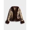 Women Vintage Floral Jacquard Faux Fur Trim Jacket V Neck Single Button Furry Cuff Cropped Coats Vintage Winter Warm Party Coat