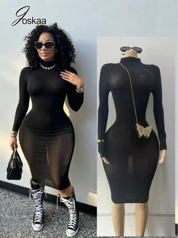 Women Black Bodycon Midi Dress Sexy Turtleneck Long Sleeve Slim Fit See Through Pencil Dresses Nightclub Party Outfits
