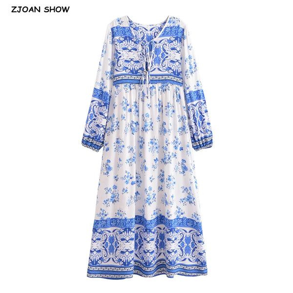 Boho White Blue Totem Print Bow Lacing up Neck Long Straight Dress Women Viscose Cotton Full Sleeve Maxi Robe Holiday