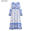 Boho White Blue Totem Print Bow Lacing up Neck Long Straight Dress Women Viscose Cotton Full Sleeve Maxi Robe Holiday
