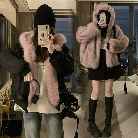 Double Sided Winter Coat Women Clothing Imitation Mink Fur Fur Hooded Cotton Jacket Female Warm Plush Cotton-padded Outerwea