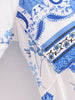 Boho White Blue Totem Print Bow Lacing up Neck Long Straight Dress Women Viscose Cotton Full Sleeve Maxi Robe Holiday