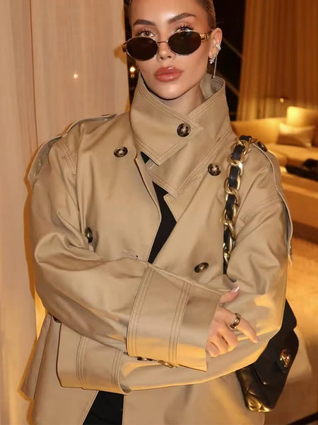 Two-color Retro Short Trench Coat Classic Women's Short Trench Coat With Epaulettes is Suitable For Elegant Wais