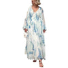 Elegant Print Chiffon Long Dresses Women V-neck High Waist Drawstring Folds See Through Long Sleeve Party Dress Female Vestidos