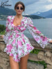 White Print Women's Dress Elegant V-Neck Ruffled Long Sleeve Dresses Autumn High Waisted Pleated Mini Dresses