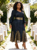 Womens Plus Size Pleated Elegant Maxi Long Sleeve Dress with Sequin Belt and Patchwork Hem for Wedding Guest