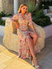 Sexy Print Women Long Dress Urban V-neck Single Breasted Ruffles Half Sleeve Female Dresses Spring Autumn Lady Robe