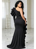 Plus Size One Shoulder Ruffle Maxi Dress Single Long Sleeve Slit Train Formal Dress Women Elegant Evening Wedding Guest Prom
