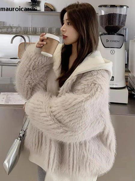 Spring Winter Hairy Shaggy Soft Thick Warm Faux Fur Coat Women with Hood Fluffy Jacket Fake 2 Piece Clothes