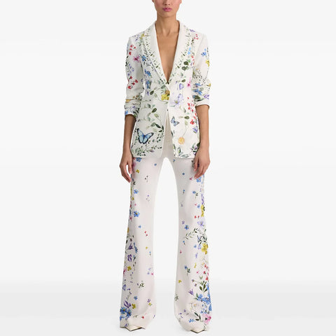 High Street Designer Runway Suit Set Women's Brilliant Digital Printed Jacket Flare Pants Suit 2pcs