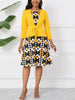 Womens 3/4 Sleeve Geometry Print Square Neck Patchwork Elegant Yellow A-Line Casual Party Fit And Flare Skater Swing Dress