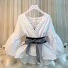 Women Elegant Sets V-Neck Stripe Lantern Sleeve Bow Belt Chiffon Shirt & Blouse Top Korean Ripped Jeans Office Lady Casual Suits
