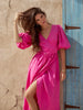 100% Cotton V-neck Waist Cinched Dress Unique Lantern Sleeve Sexy Slit Long Skirt Women's Casual Dresses