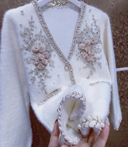 Flower Beaded Diamonds Faux Fur Knitwear Cardigan For Women V-neck Loose Small Fragrant Sweater Outwear Jacket