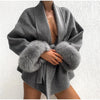Elegant Lace Up Woolen Short Coat Solid Loose Lapel Furry Long Sleeve Belt Waist Jacket Spring Autumn Lady Chic Cardigan