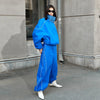 Women Solid Zip Up Two Piece Set High Neck Loose Jacket Wide Leg Track Pants Spring Autumn Casaual Hip Hop Outfit