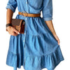Denim Dress Three Quarter Sleeve with Belt Turn-down Collar Spring Autumn Buttons Ruffle Jeans Dresses for Women