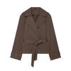 Women Short Trench Coat Lapel Double Breasted Belted Waist Long Sleeve Cropped Windbreaker Casual Commuter Outerwear