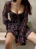 Women Sexy Cross Bandage Black Flower Print Puff Long Sleeve Dress 3 Layer Wood Ears Ruffles Hem Cake Mini Holiday Robe
