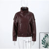 Street Waist Cinching Leather Jacket Women Loose Solid Stand Collar Zipper Pocket Jackets Spring Lady Outwear