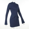 Dark Blue Two Pocket Sexy Mini Dress For Women Autumn Winter Long Sleeve Bodycon Club Party Dress Elegant