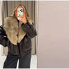 Elegant PU Fur Patchwork Jacket Women Loose Detachable Collar Lapel Double Breasted Jackets Female Winter Warm Outwear
