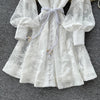 Women Elegant Floral Emboridery Dress Hollow Out Long Sleeve Single Breasted Belt French Court Chic Short A Line Dress