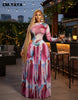 Women Print O-neck Long Sleeve Pleated Long Maxi Dress Spring Evening Party Birthday Vacation Dresses Vestidos