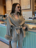 Solid Lace Up Faux Fur Sleeve Jacket Woman Elegant Mid-length V-neck Woolen Blend Coat Autumn Casual Scarf Outwear