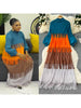 Tassel Patchwok Color Block Dress for Women Pleated Puff Sleeve Mid-calf Dresses Female Autumn
