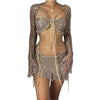 Women Sexy Dancing Dress Set Women's Beaded Knitted Sweater Three Piece Set Looking