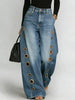 Vintage Wide-leg Denim Pants Side Metal Eyelet Hollow Out Women Jeans Personality Streetwear High-waisted Loose Trousers