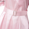 Women Silky Satin Party Midi Dress Elegant V-Neck Short Puff Sleeve Belted A-Line Dress Graceful Cocktail Vestidos Mujer
