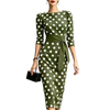 Women Polka Dot Bodycon Midi Dress 3/4 Puff Sleeve Boat Neck Contrast White Tie Waist Slim Pencil Formal Wedding Guest Dresses