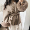 Elegant Lace Up Woolen Coat Women Furry Lapel Fur Patchwork Belt Loose Short Jacket Female Lady Autumn Winter Cardigans