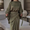 Elegant Women Tie-up Waisted Satin Dress Casual Female O-Neck Draped Long Dress Vintage Solid Color Bat Sleeve Robe Party Dress
