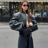 Double Zip Rib Collar Women Cropped Jacket Long Sleeve Side Pockets Loose Oversized Solid Autumn Coats Daily Chic Jackets